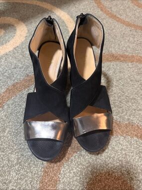Cole Haan Black Suede Heels with Silver Toe Strap